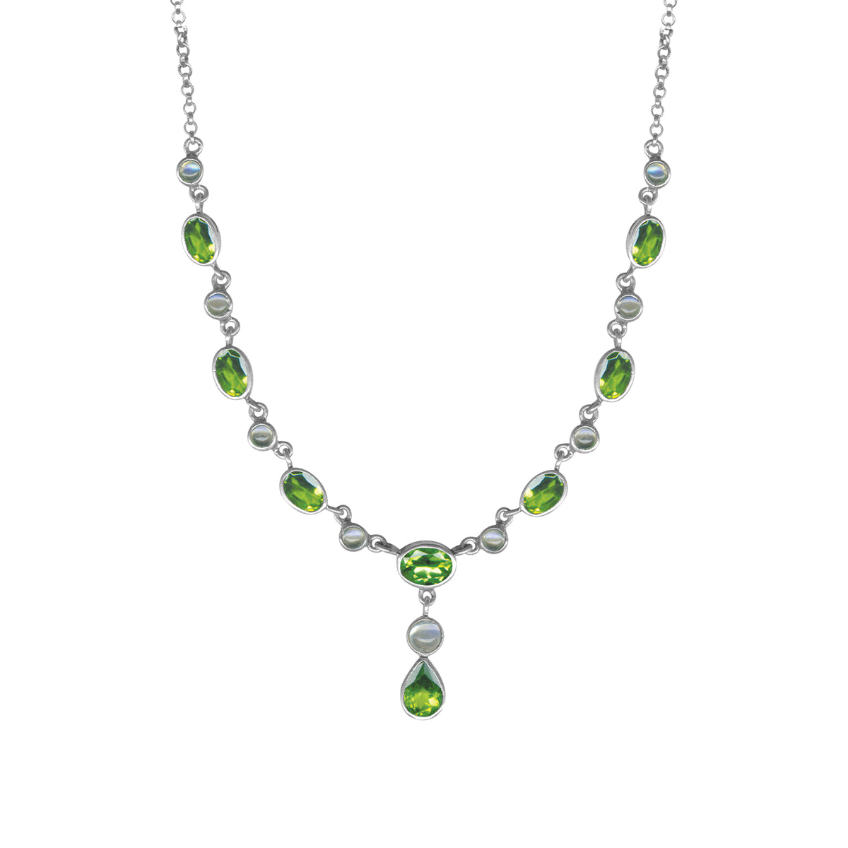 Sterling Silver Necklace Princess Collection With Round, Oval Stone Connected With Chain