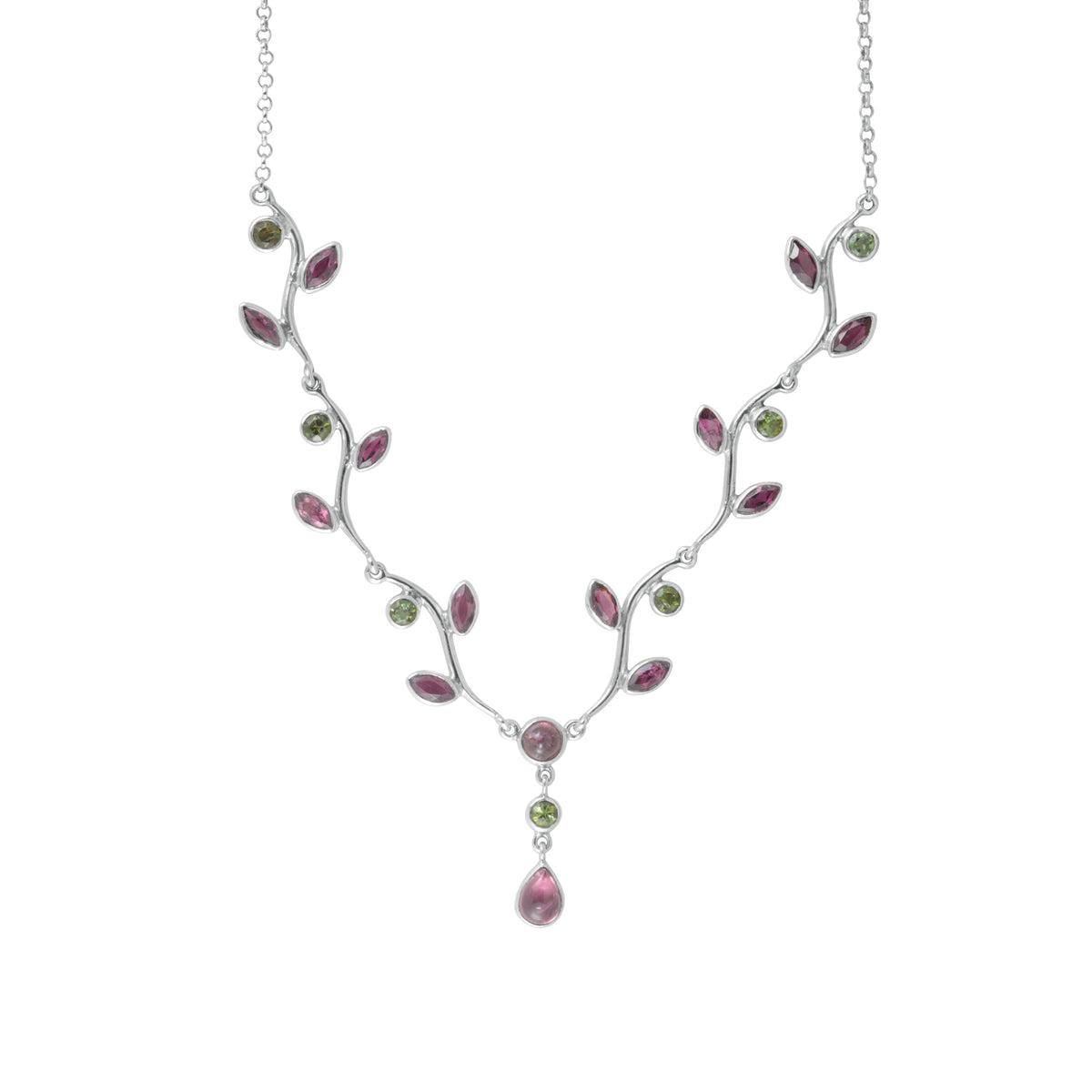 Sterling Silver Necklace With Pink Tourmaline Round Fct/Maquoise Cab, Green Tourmaline Marquoise Cab