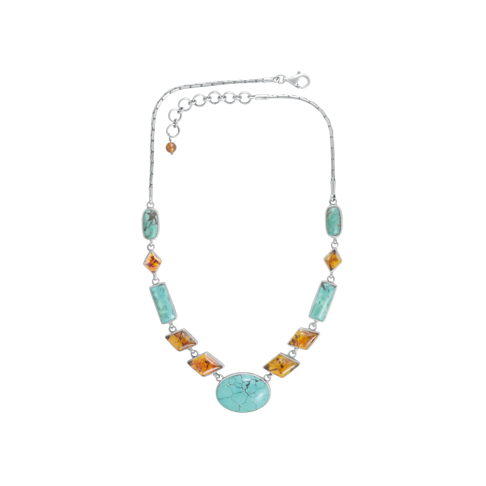 Sterling Silver Earring With Turquoise Oval, Rectangle, Amber Diamond Connected Chain