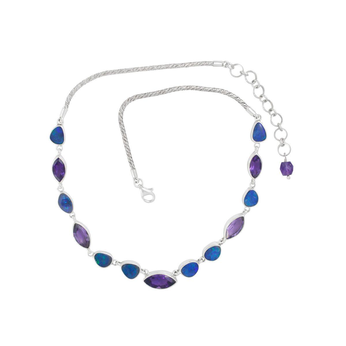 Sterling Silver Necklace With Opal Free Form, Amethyst Marquise Facet