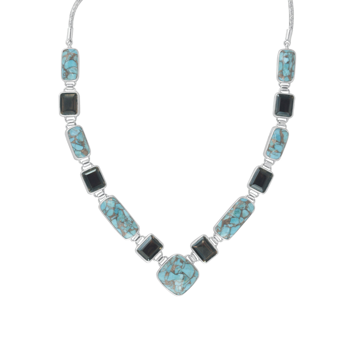 Sterling Silver Necklace With Turquoise Mosaic Facet, Smokey Rectangle Facet