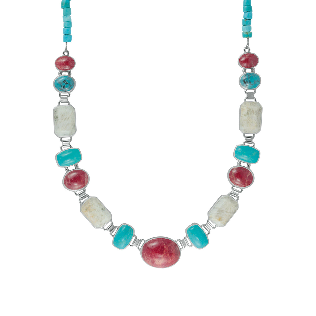Sterling Silver Necklace With Turquoise &amp; Sponge Coral REctangle