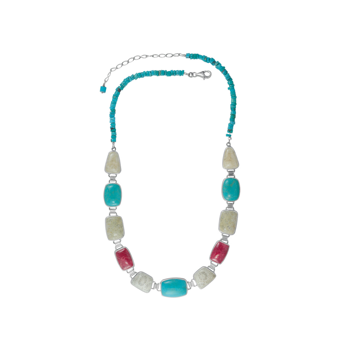 Sterling Silver Necklace With Tuquoise, Fassilized Coral, Sponge Coral Rectangle On Bead Tuqrquoise Chain
