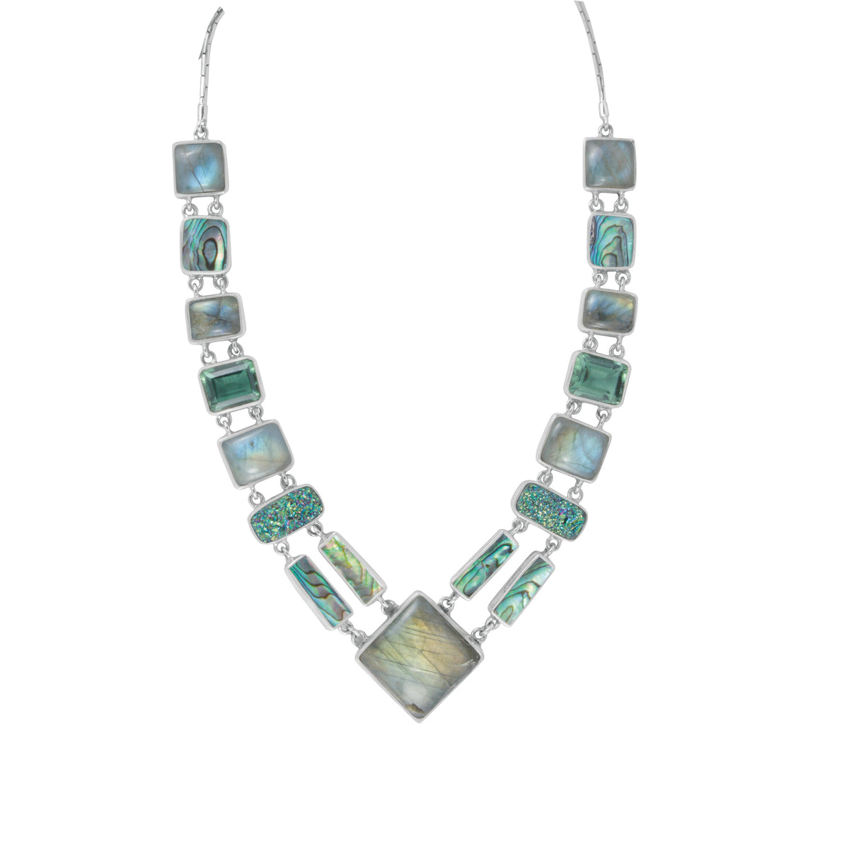 Sterling Silver Necklace With Labradorite, Paua, Druzy Green, Green Quarzt Rectangle