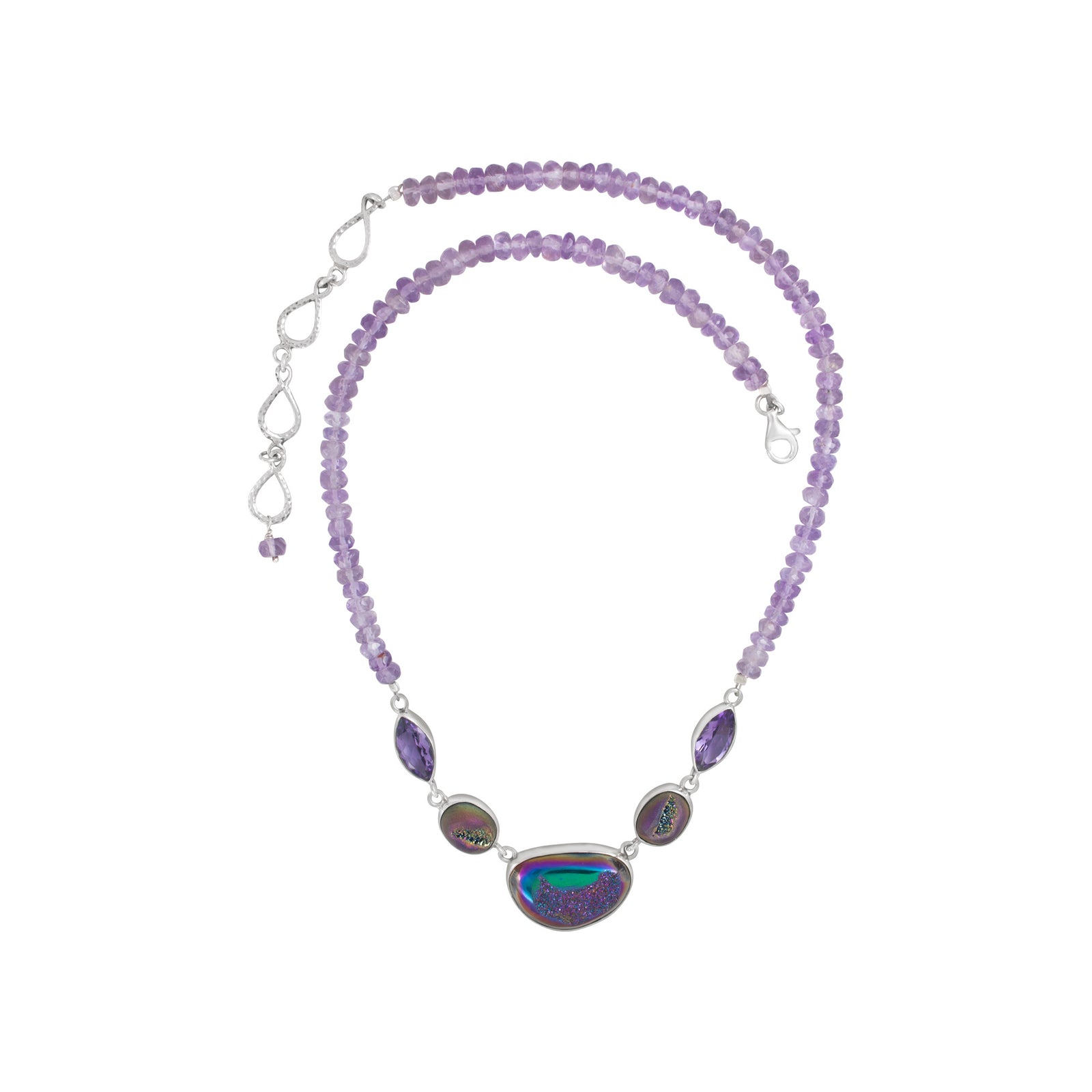 Sterling Silver Neckalce With Druzy Peacock Green, Amethyst Mawuise Facet On Bead Chain