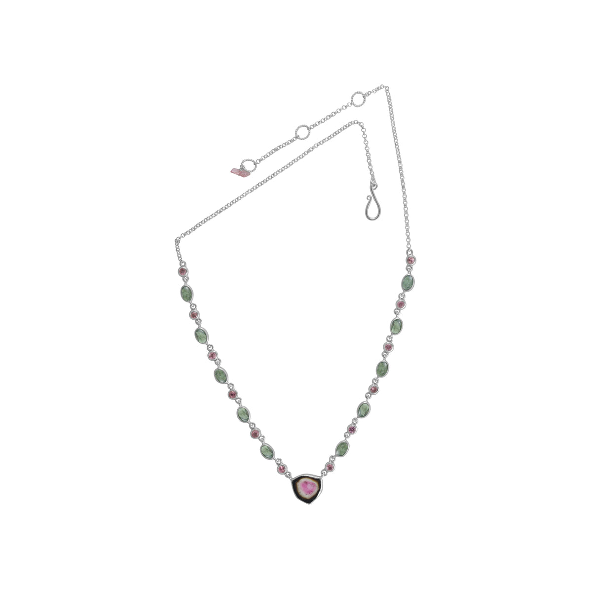 Sterling Silver Necklace With Watermelon, Green Tourmaline Round Facet/Oval Cab