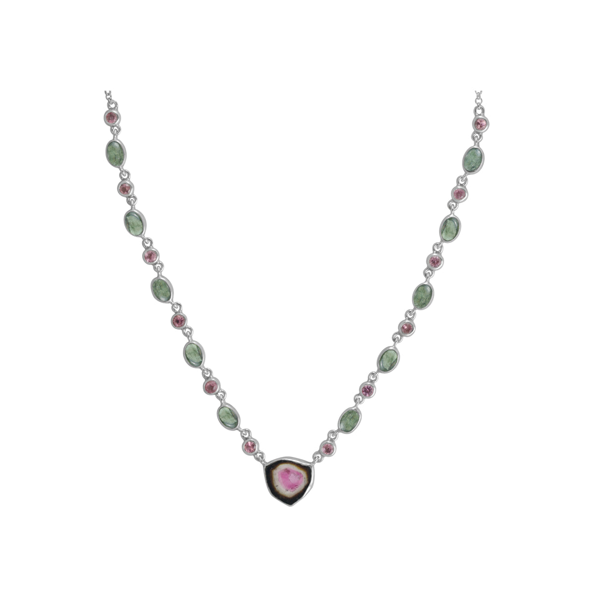 Sterling Silver Necklace With Watermelon, Green Tourmaline Round Facet/Oval Cab