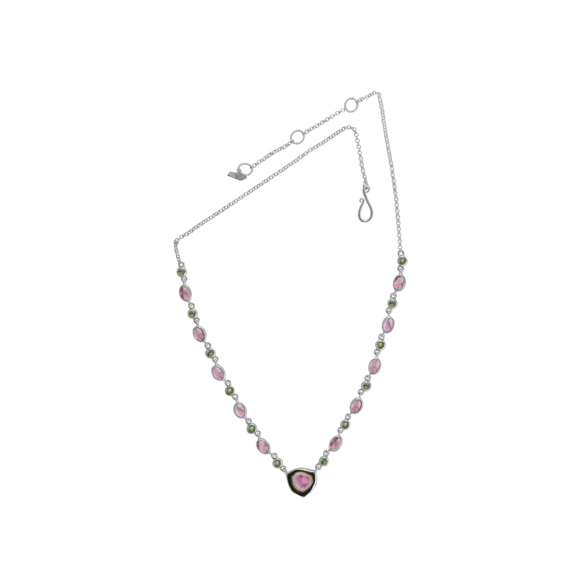 Sterling Silver Necklace With Watermelon, Green Tourmaline Round Facet/Oval Cab