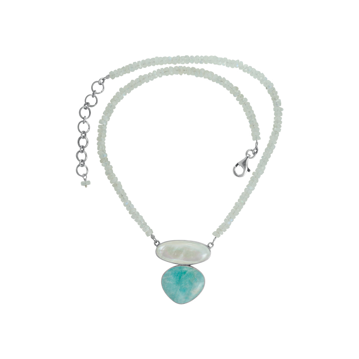 Sterling Silver Necklace With Mother Of Pearl Oval, Amozonite Oval, RainBow Moon Facet