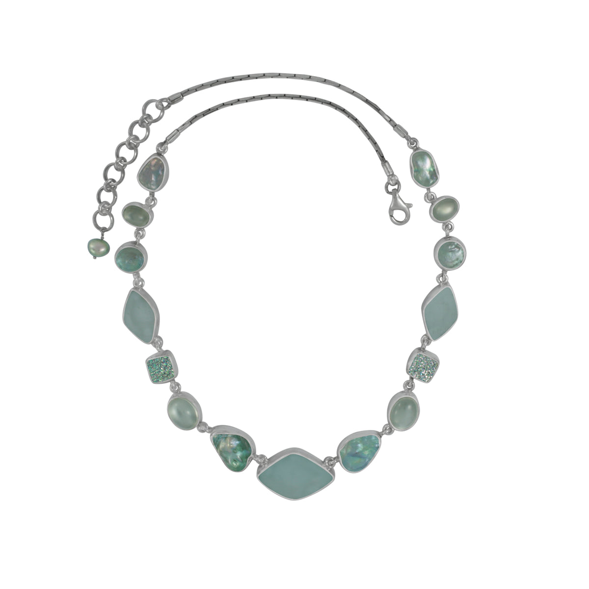 Exquisite Sea Glass Neclace with White Druze &amp; Pearl