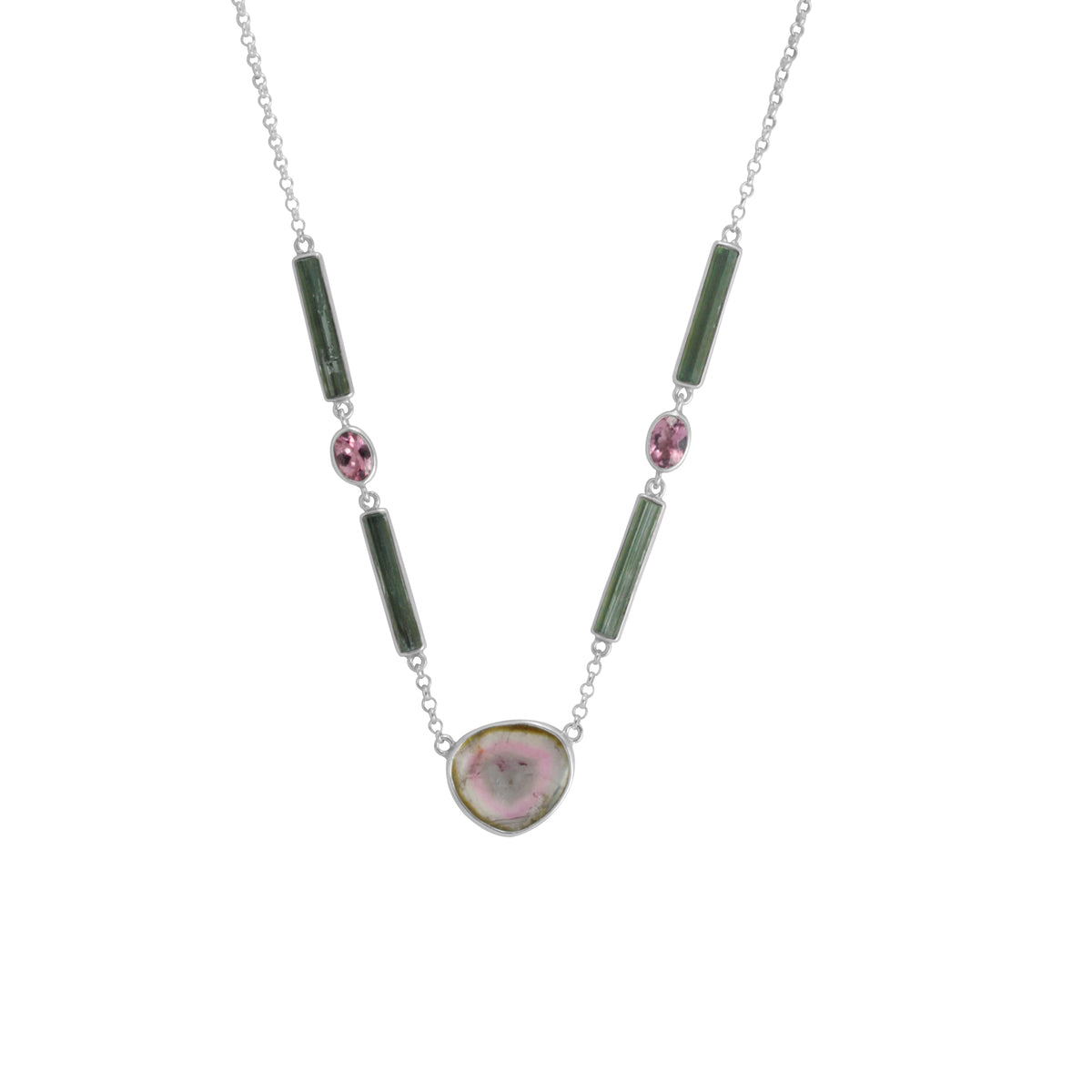 Sterling Silver Necklace With Watermelon Free Form, Pink Tourmaline , Green Tourmaline