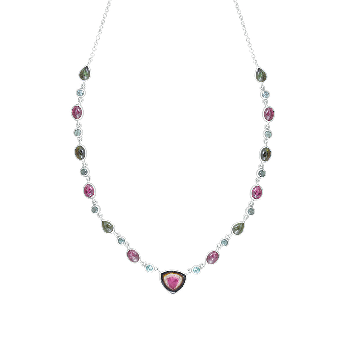Sterling Silver Necklace With Tourmaline Pink And Green On Chain With Watermelon Free FormORM