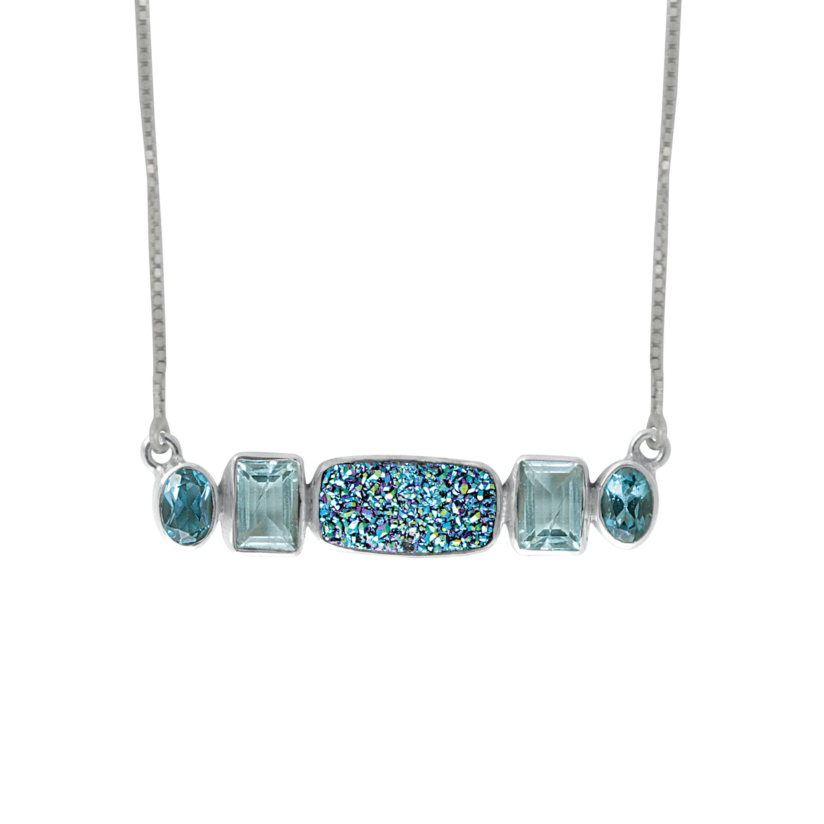 Sterling Silver Necklace With Druzy Sassiopia Seas, Blue Topaz, London Blue Oval