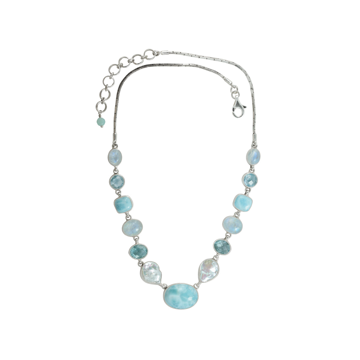 Sterling Silver Necklace With Pearl, Blue Topaz Round, Rainbow Moon Oval Cabison
