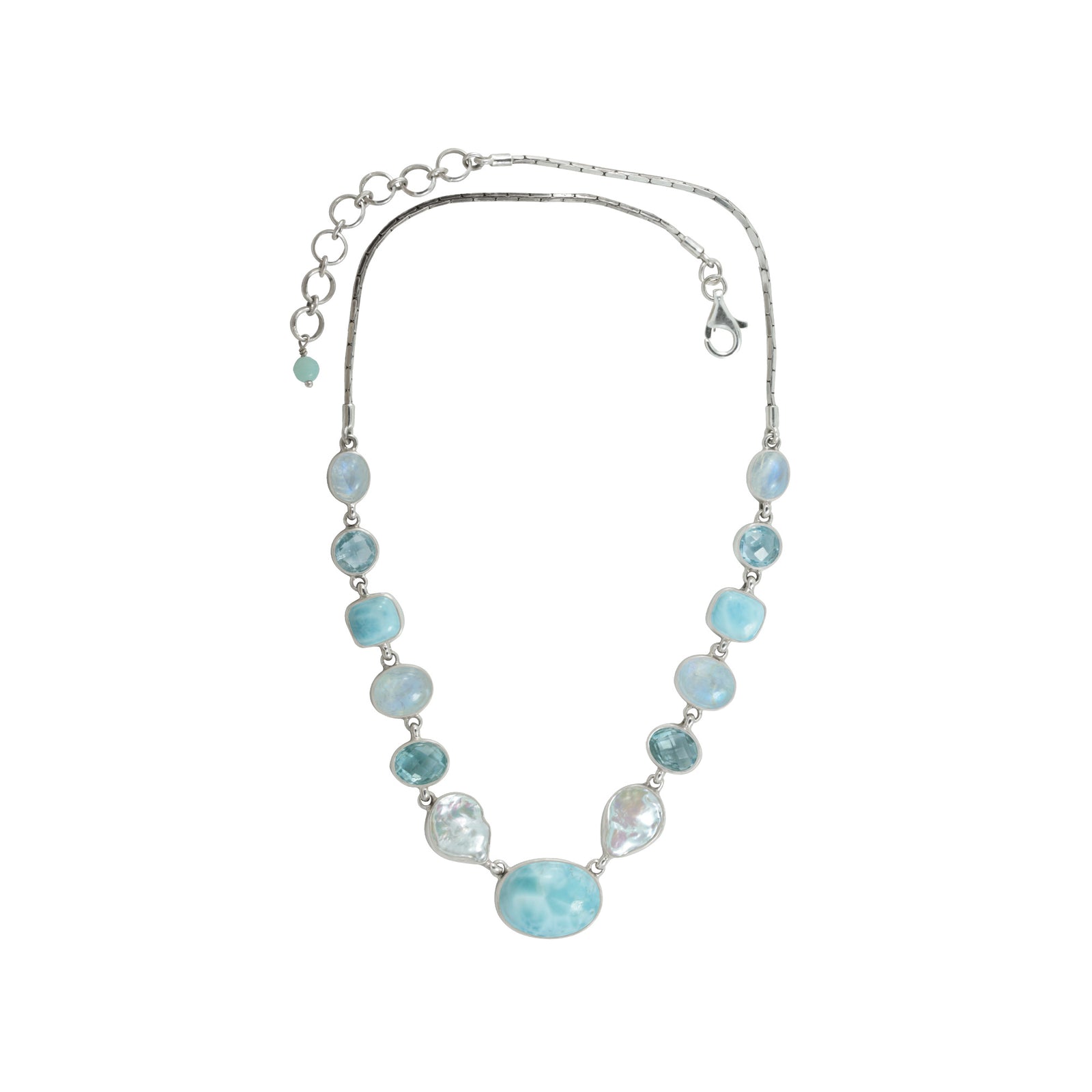 Sterling Silver Necklace With Pearl, Blue Topaz Round, Rainbow Moon Oval Cabison