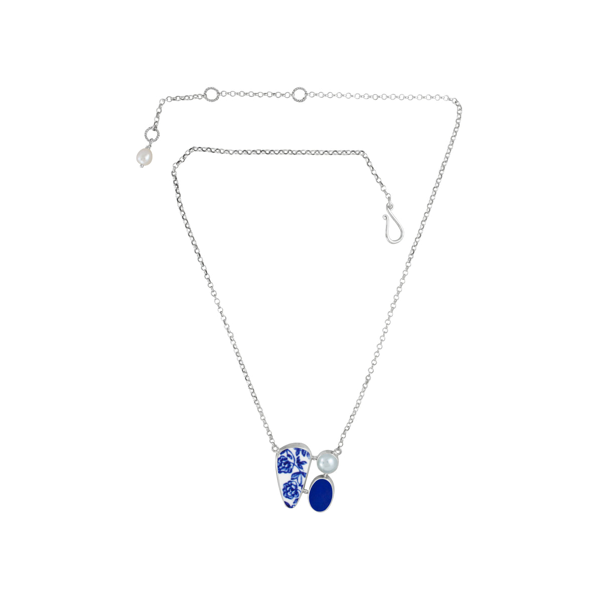 Necklace With Sea Glass, Pottery And Pearl