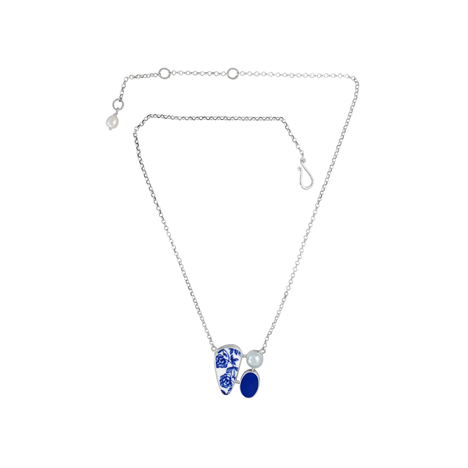Necklace With Sea Glass, Pottery And Pearl