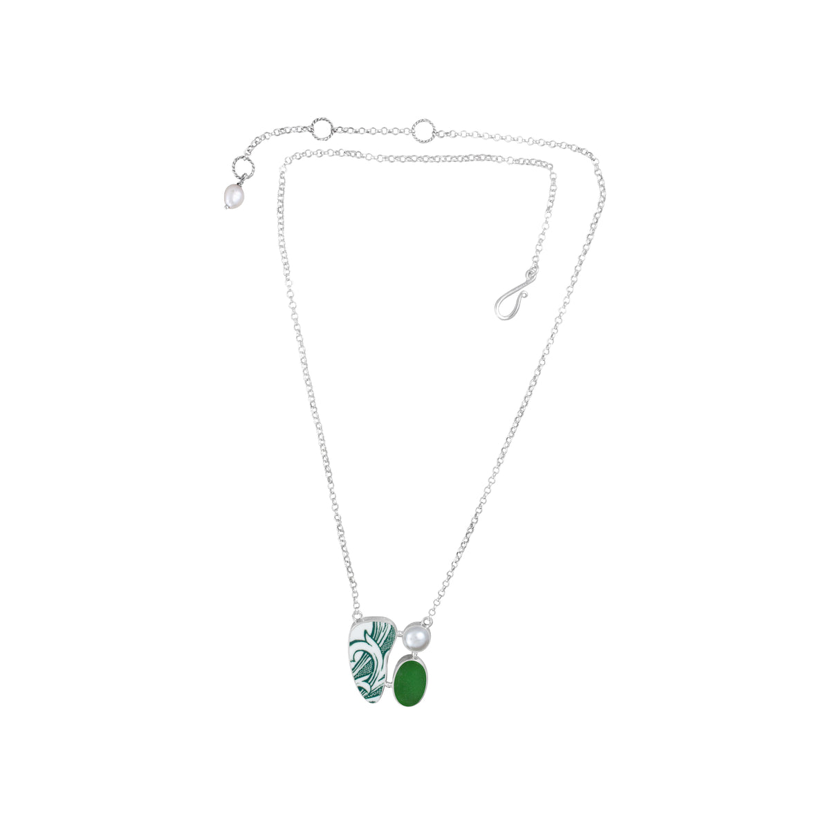 Necklace With Sea Glass, Pottery And Pearl