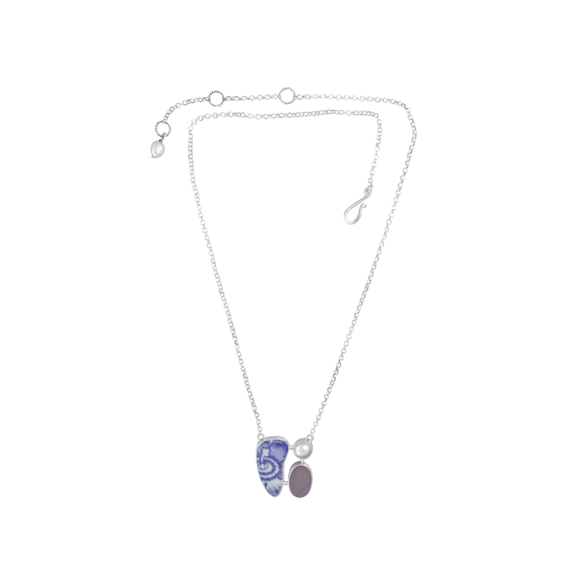 Necklace With Sea Glass, Pottery And Pearl
