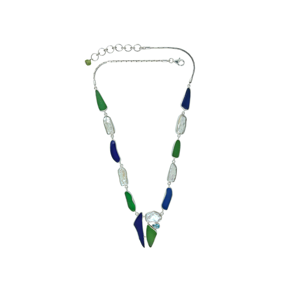 Sterling Silver Necklace With Sea Glass Aqua And Blue, Pearl, Blue Topaz Pear Facet