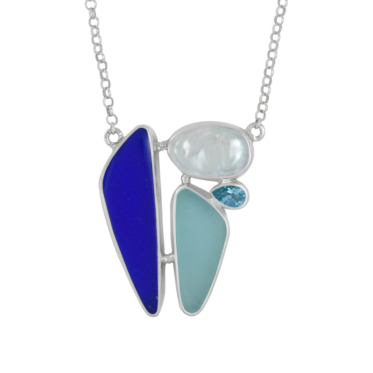 Sterling Silver Necklace With Sea Glass Aqua &amp; Blue, Pearl, Blue Topaz