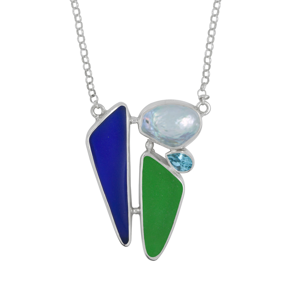Sterling Silver Necklace With Sea Glass Aqua &amp; Blue, Pearl, Blue Topaz