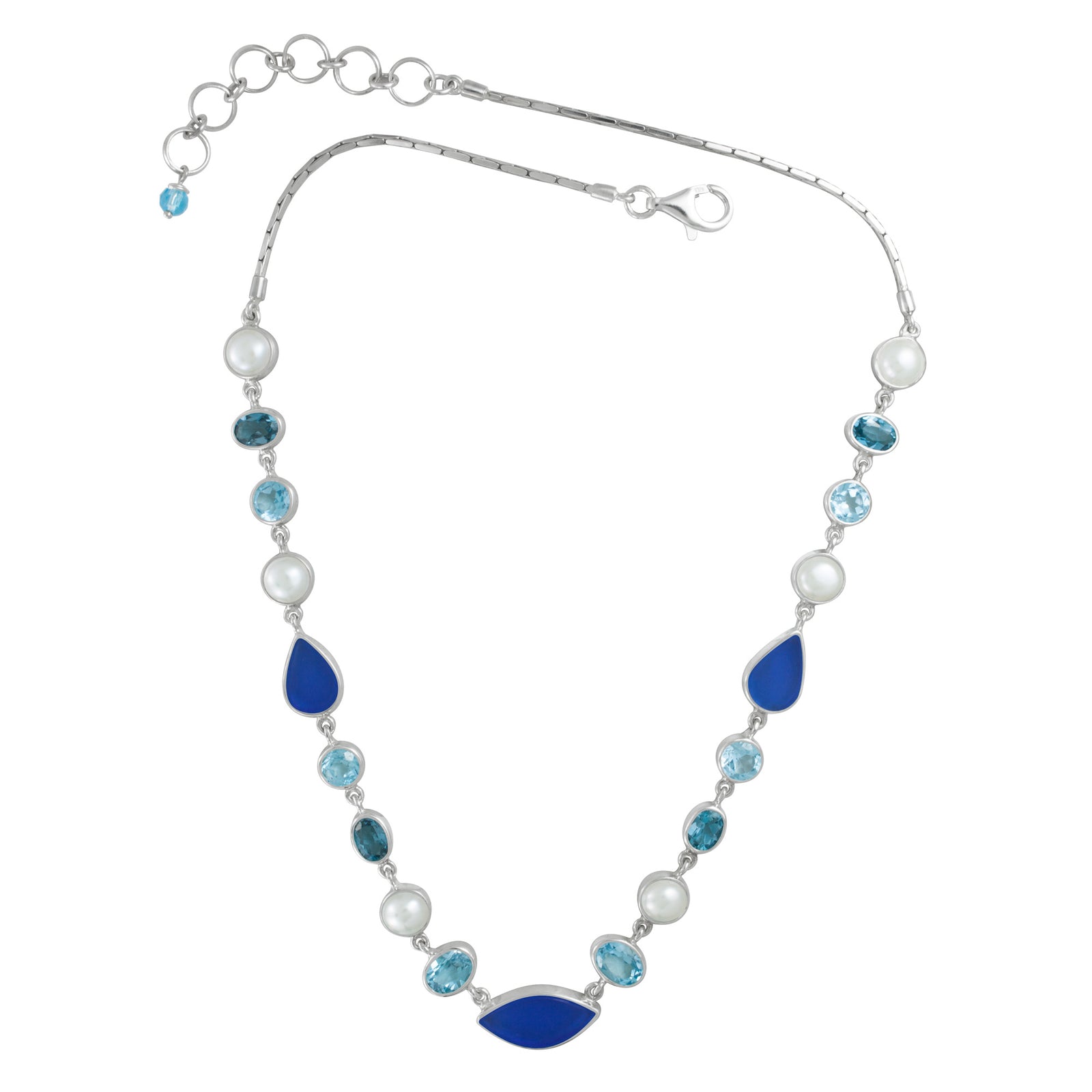 Sterling Silver Necklace With Blue Topaz, Sea Glass, Pearl