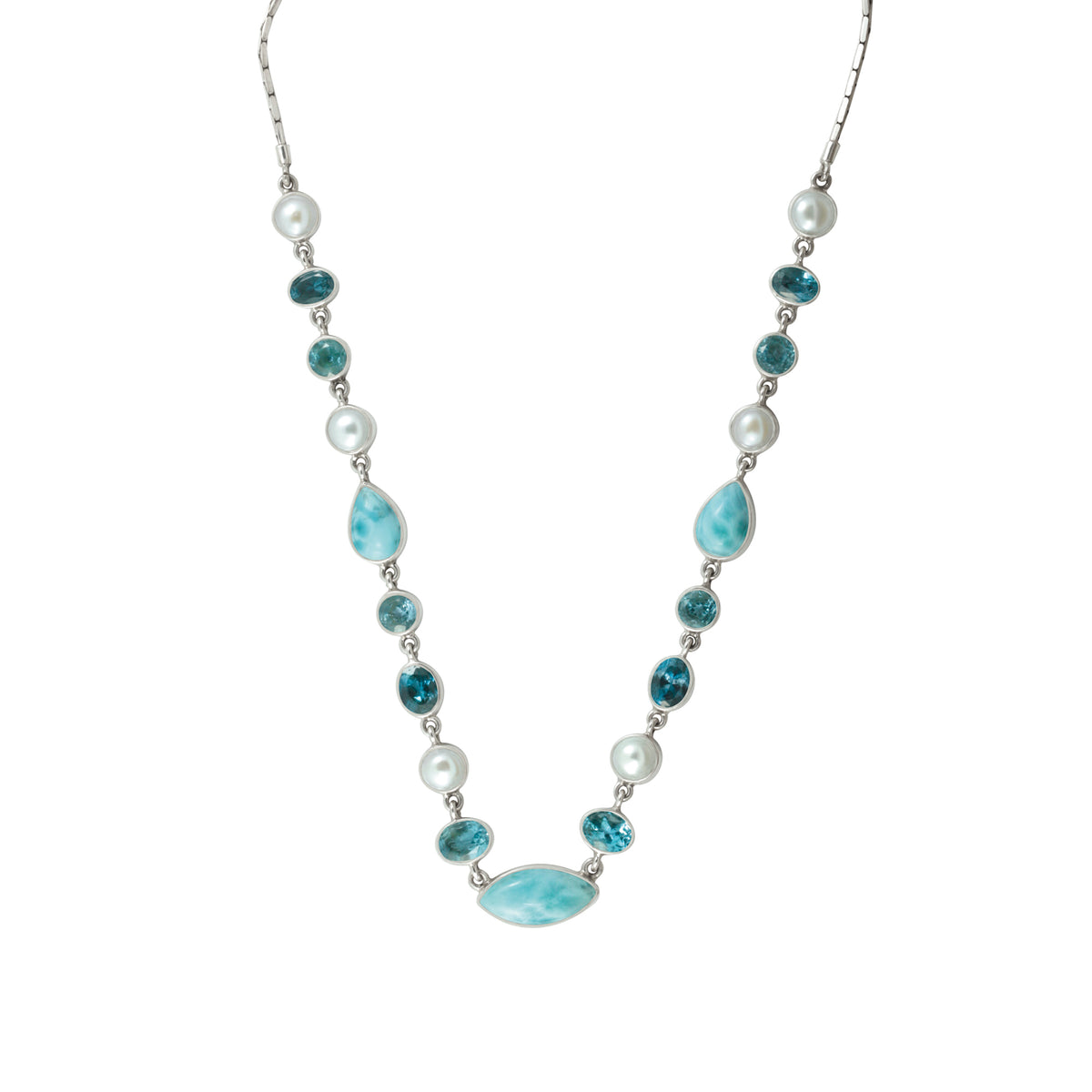 Sterling Silver Necklace With Larimar Marqouise, Pearl, London Blue, Blue Topas Oval Facet