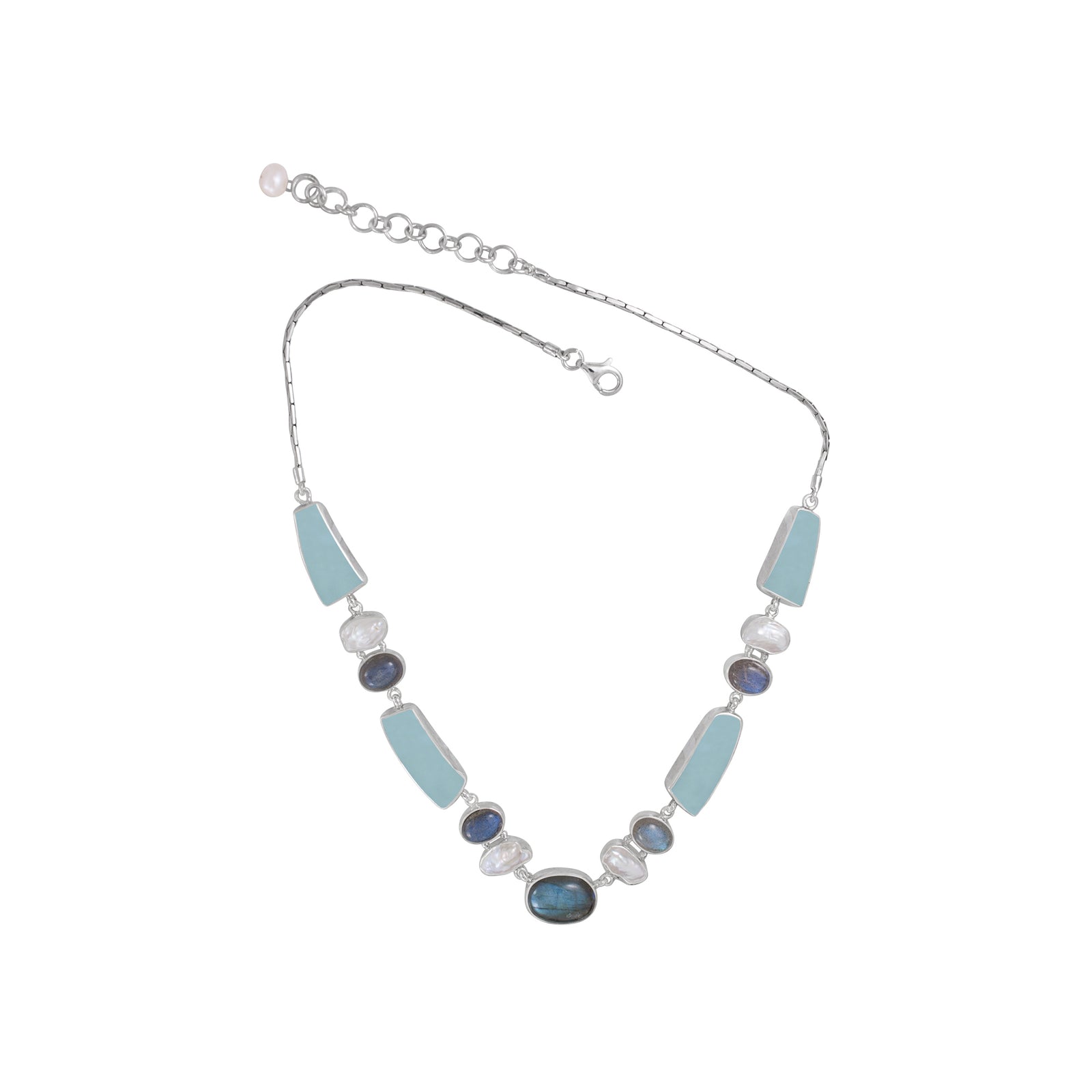 Sterling Silver Necklace With Labradorite Oval, Sea Glass Aqua, Pearl Keishi