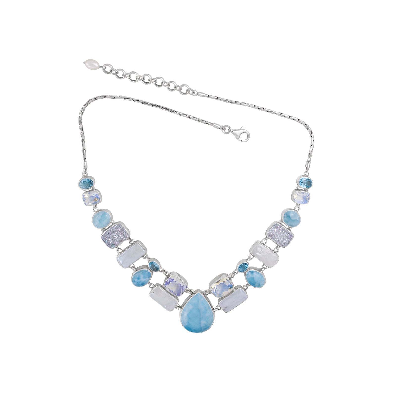 Sterling Silver Necklace With  Larimar, Pearl, Blue Topaz Facet, Druzy Opal And RainbowmoonBOW MOONSTONE RECTANGLE CUSHION