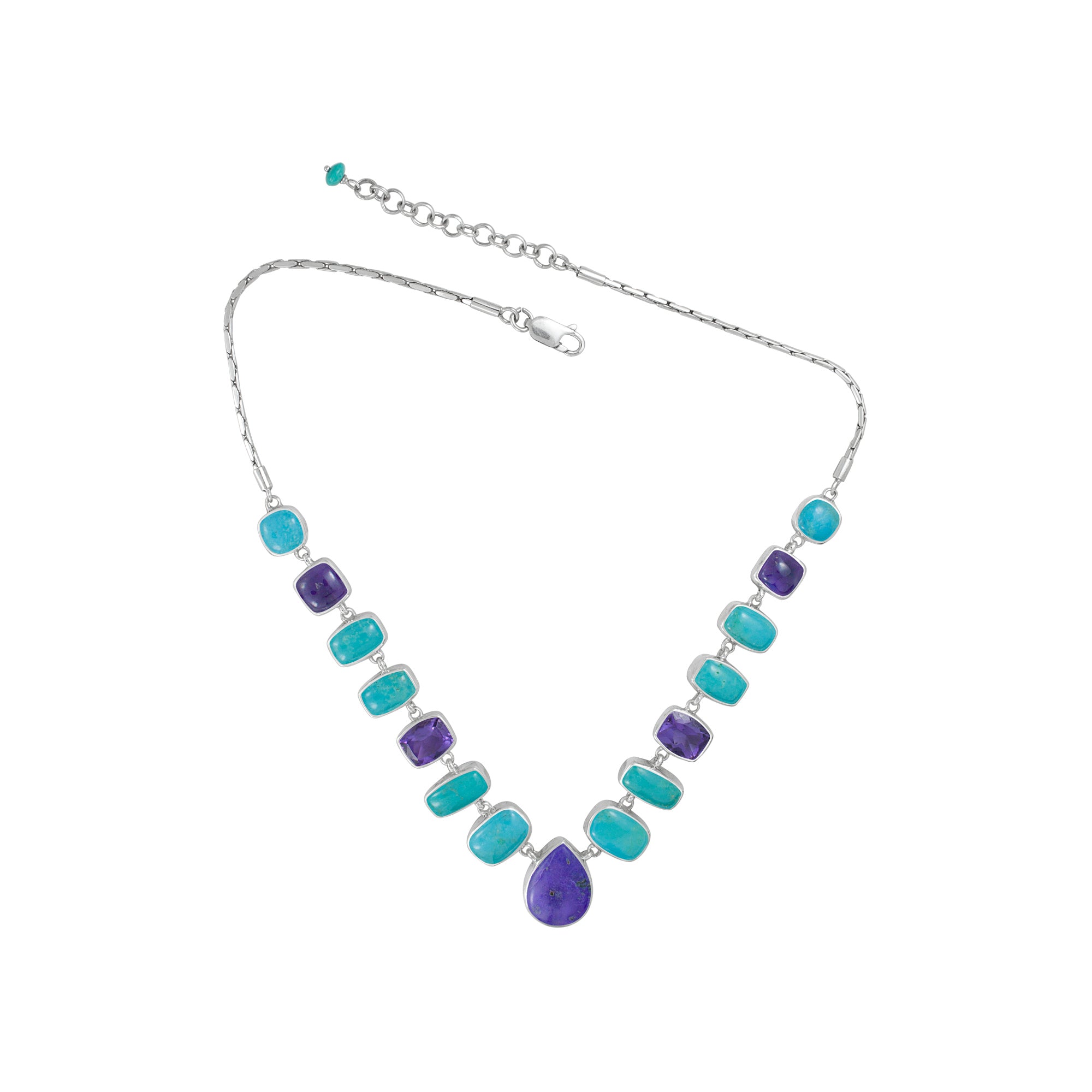 Sterling Silver Necklace With Turquoise, Amethyst Recrangle Facet, Sugilate Pear