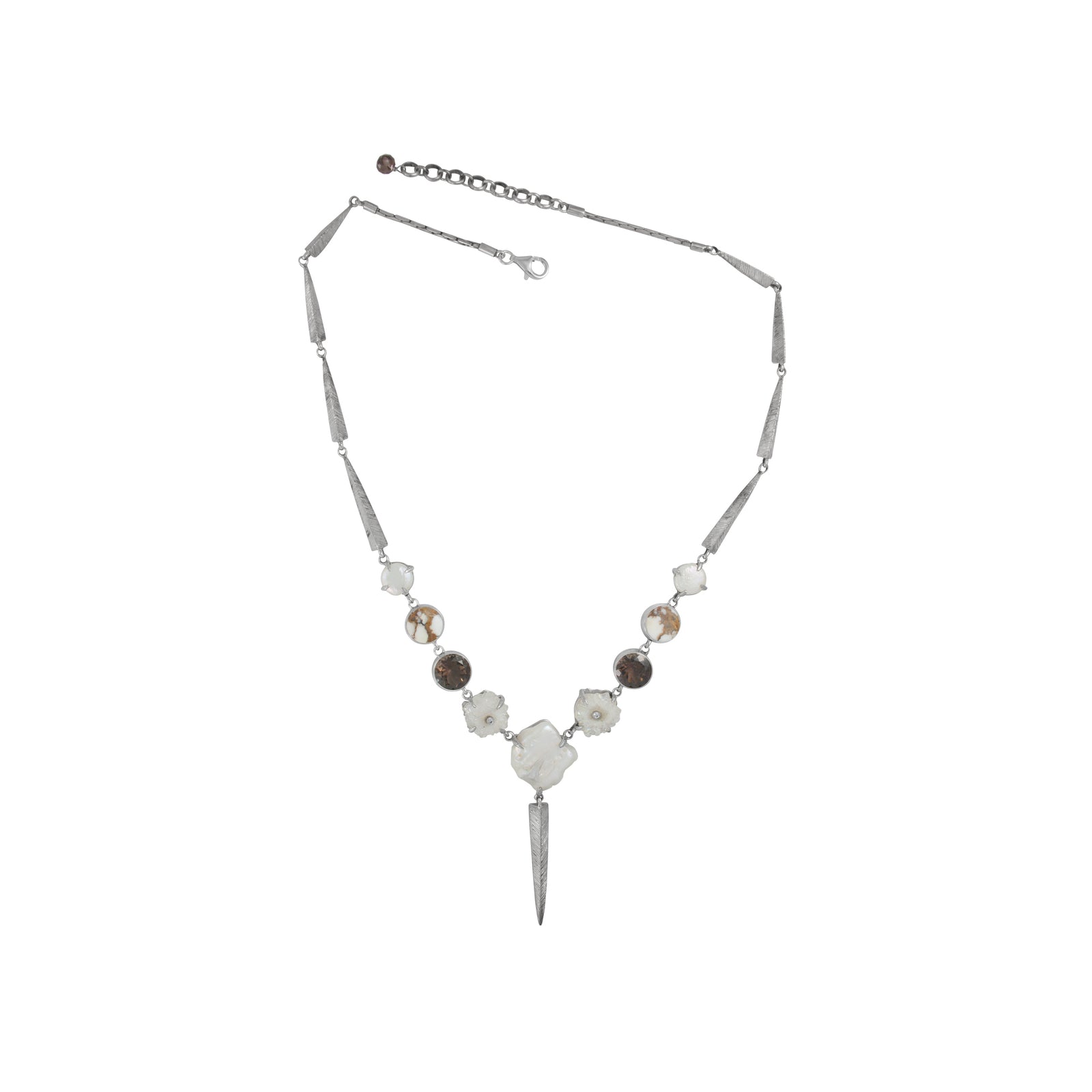 Sterling Silver Necklace With Pearls, Druzy Opal Geoge, Smokey Round, Iron Stone Round
