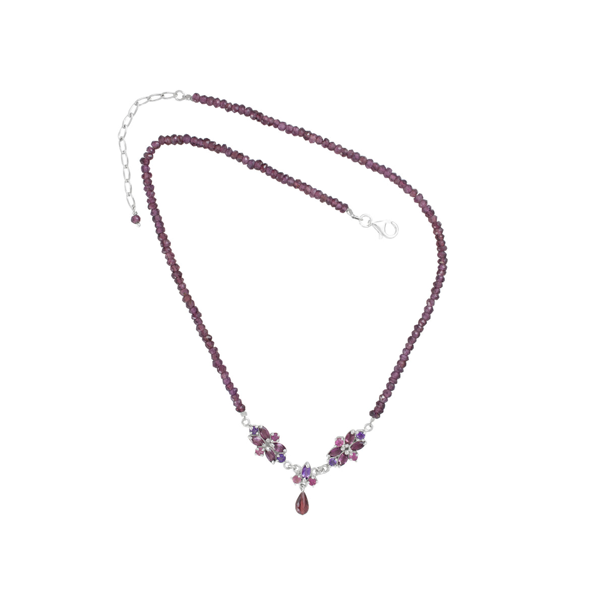 Sterling Silver Necklace With Marquise Flower Collection Bar, Marquise And Round Stone