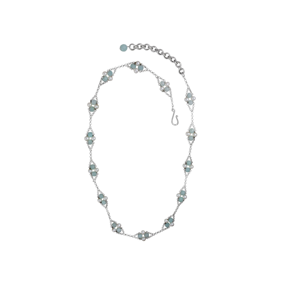 Sterling Silver Necklace Pearl, Smokey Beads With Klip Connected By Chain