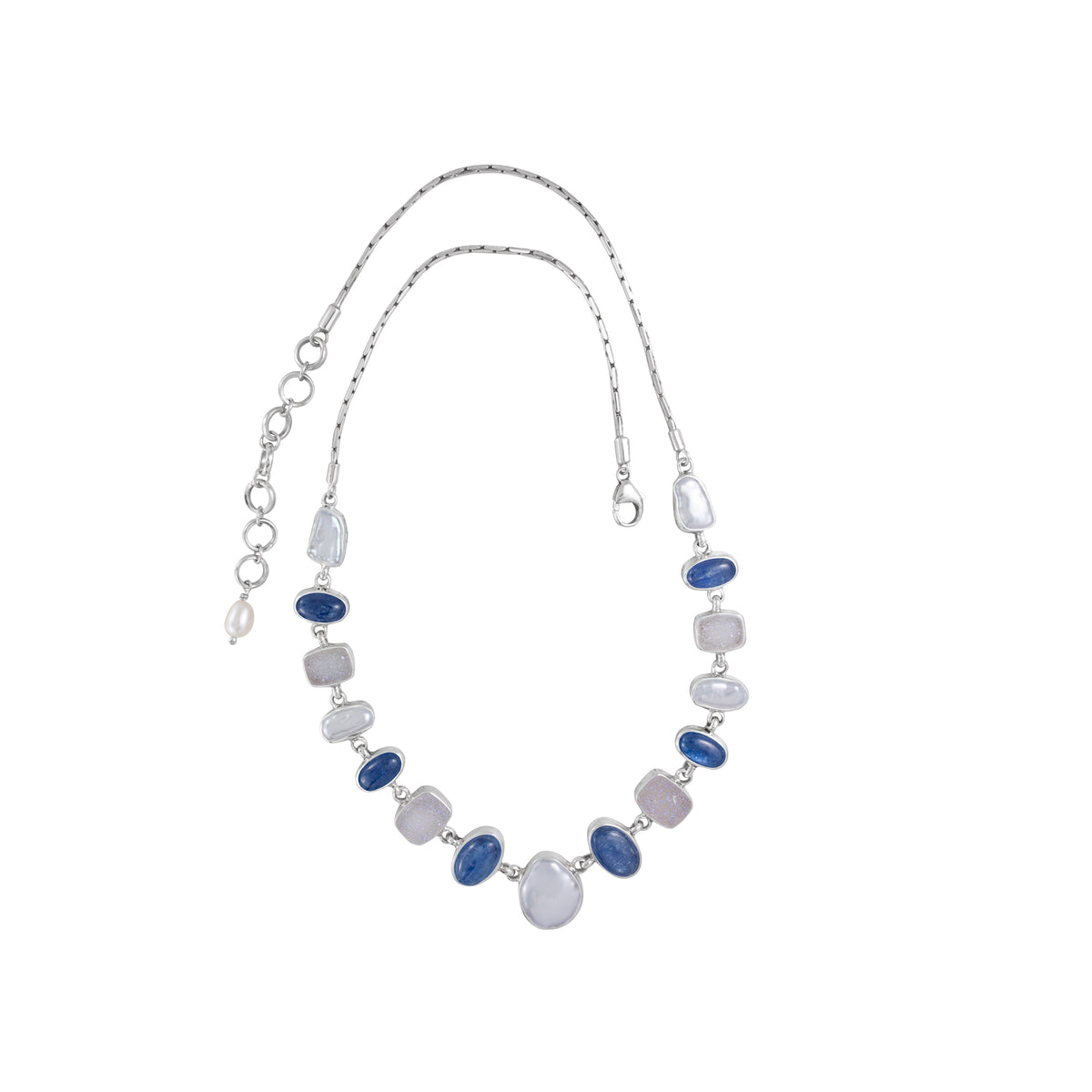 Silver Necklace With Druzy, Pearl And Kyanite