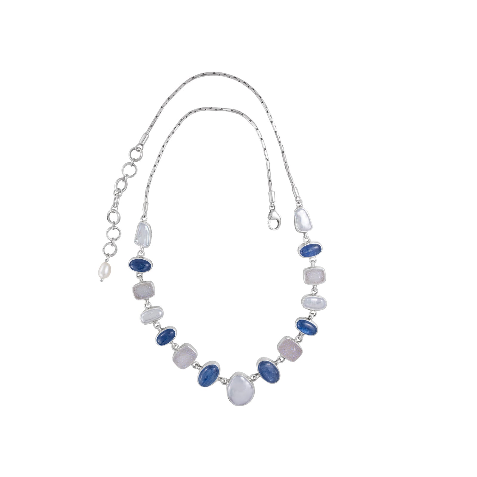 Silver Necklace With Druzy, Pearl And Kyanite