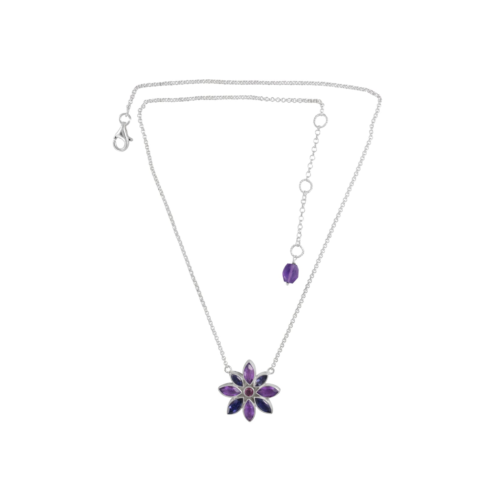 Sterling Silver MQ Flower Necklace With  Marquise Facet Stones