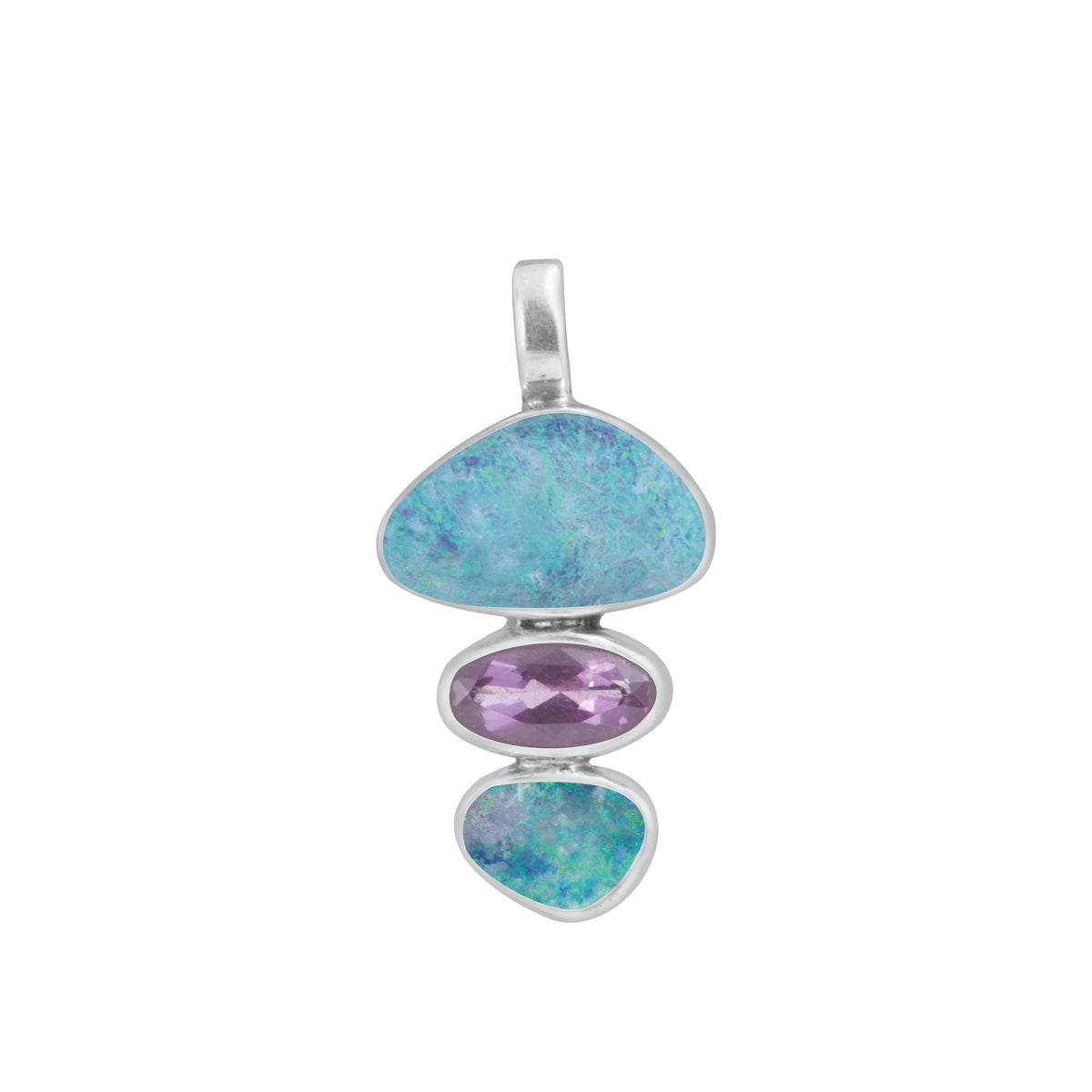 Sterling Silver Pendanr With Free Form Opal, Amethyst Oval
