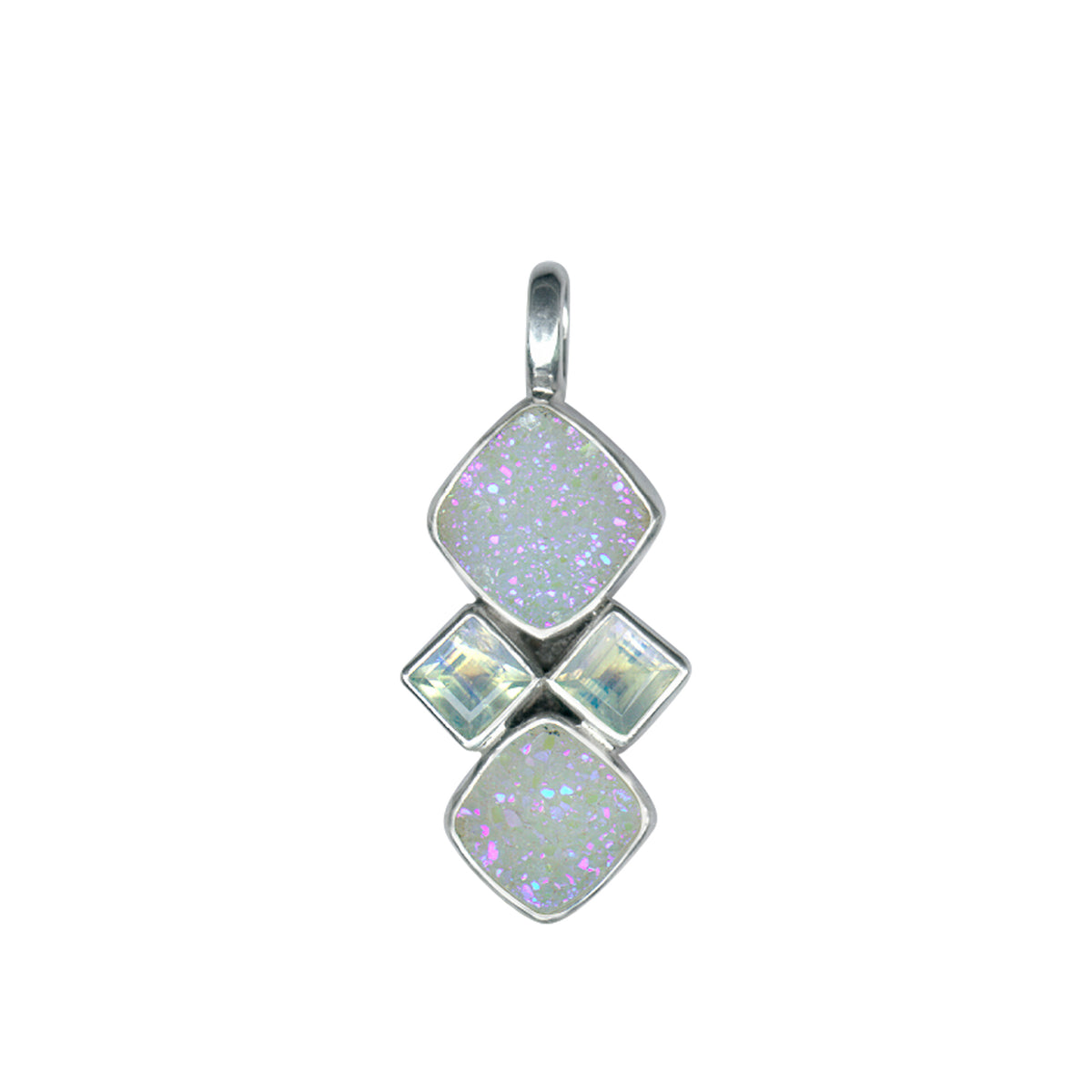 Sterling Silver Pendant With Druzy Opal Square, Rainbowmoon Stone Square