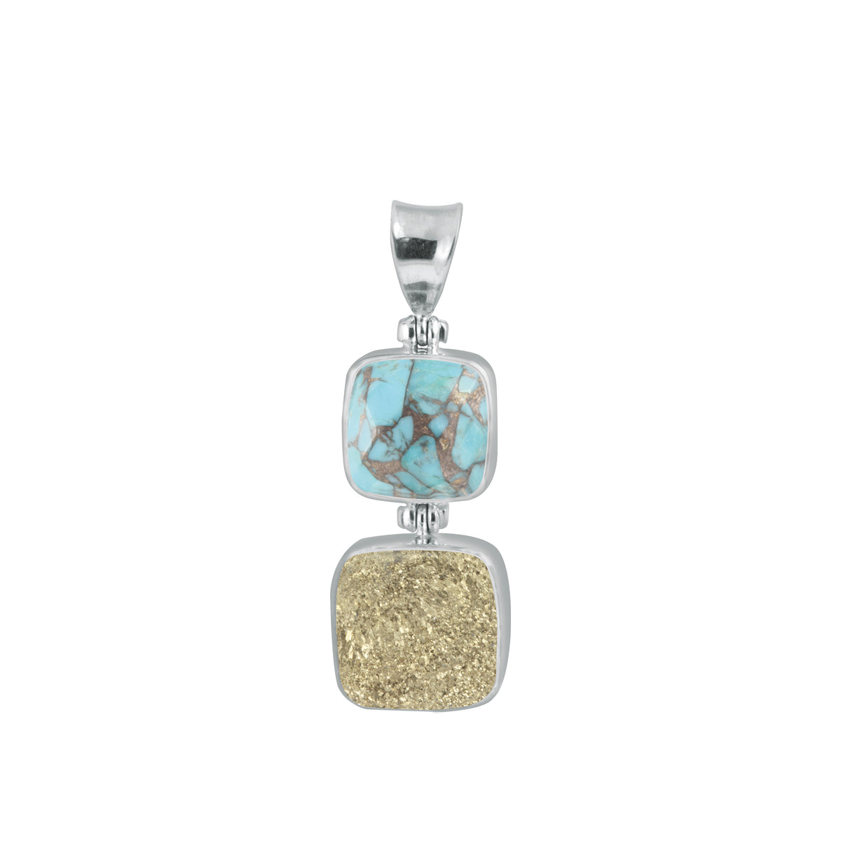 Sterling Silver Pendant With Turqoise Mosaic Facet, Druzy Rose Square