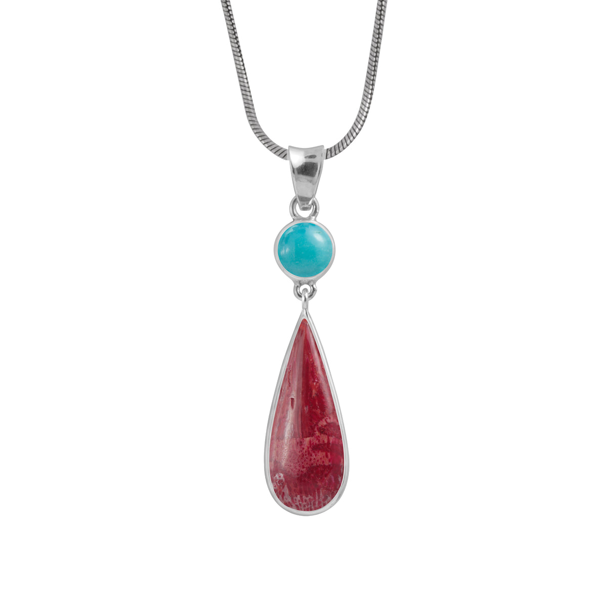 Sterling Silver Pendant With Turquoise Round, Sponge Coral Tear Drop