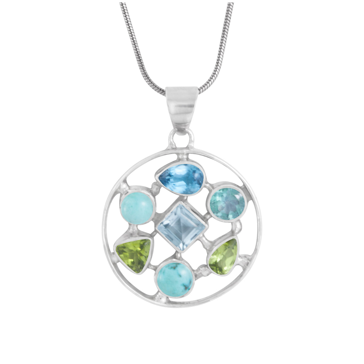 Sterling Pendant Circle With Multi Stone Shape Set Inside Blue Topaz, Turquoise