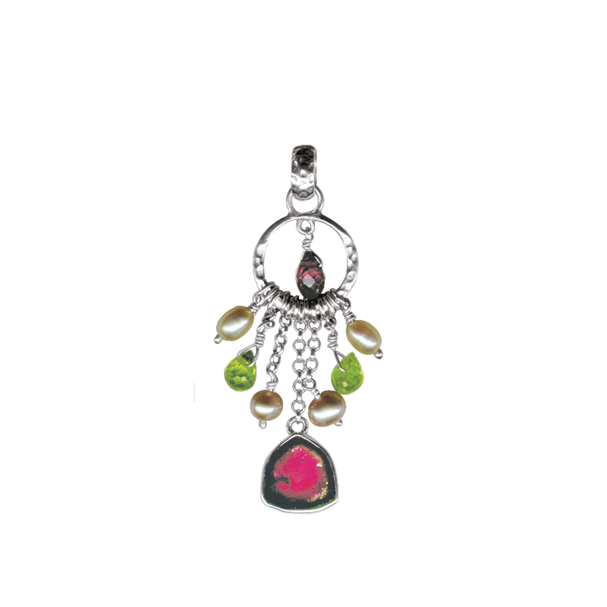 Sterling Silver Watermelon Pendant With Circle Component With Beads Drop On Chain