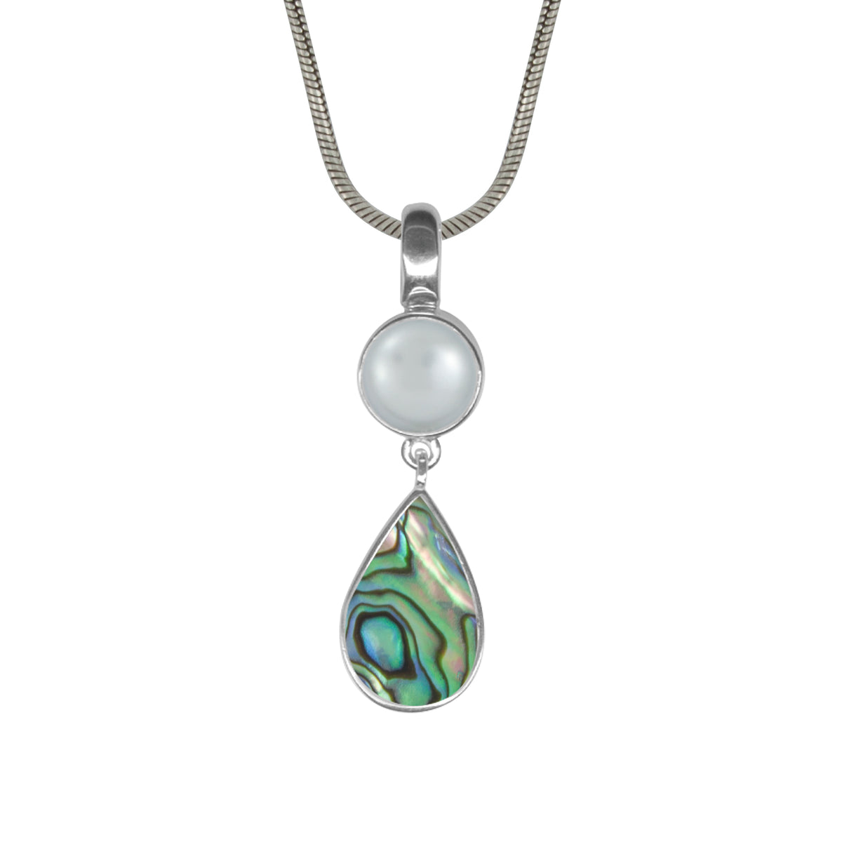 Sterling Silver Pendant With Round Pearl, Pear Paua Drop Stone