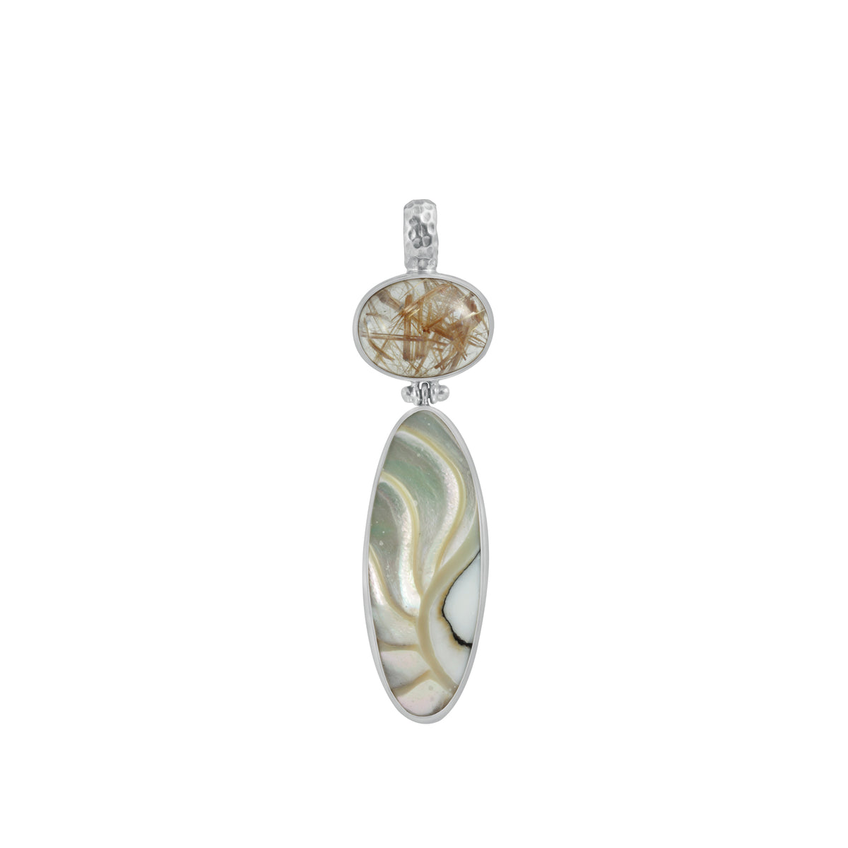 Pendant With Oval Rutilated Quartz Hinged With Nautilus Shell