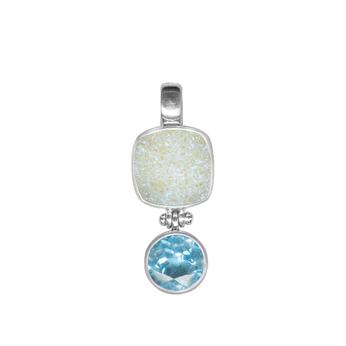 Sterling Silver Pendant with Square Druzy, London Blue Round