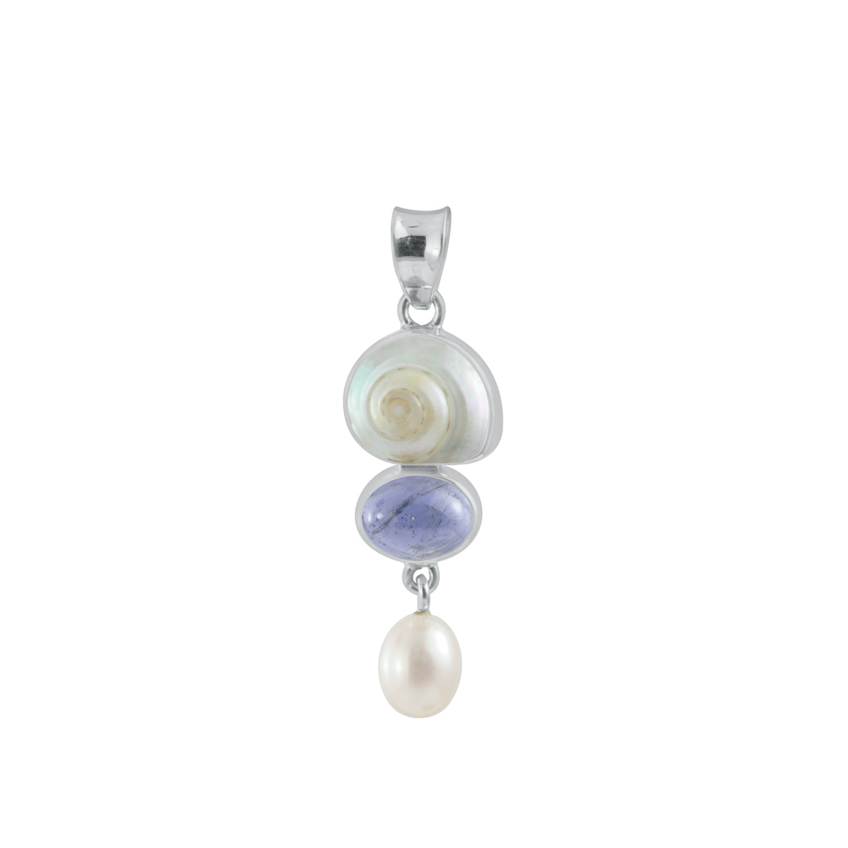 Sterling Silver Pendant With Shell Malabar Turbos, Iolite Oval, Pearl Drop