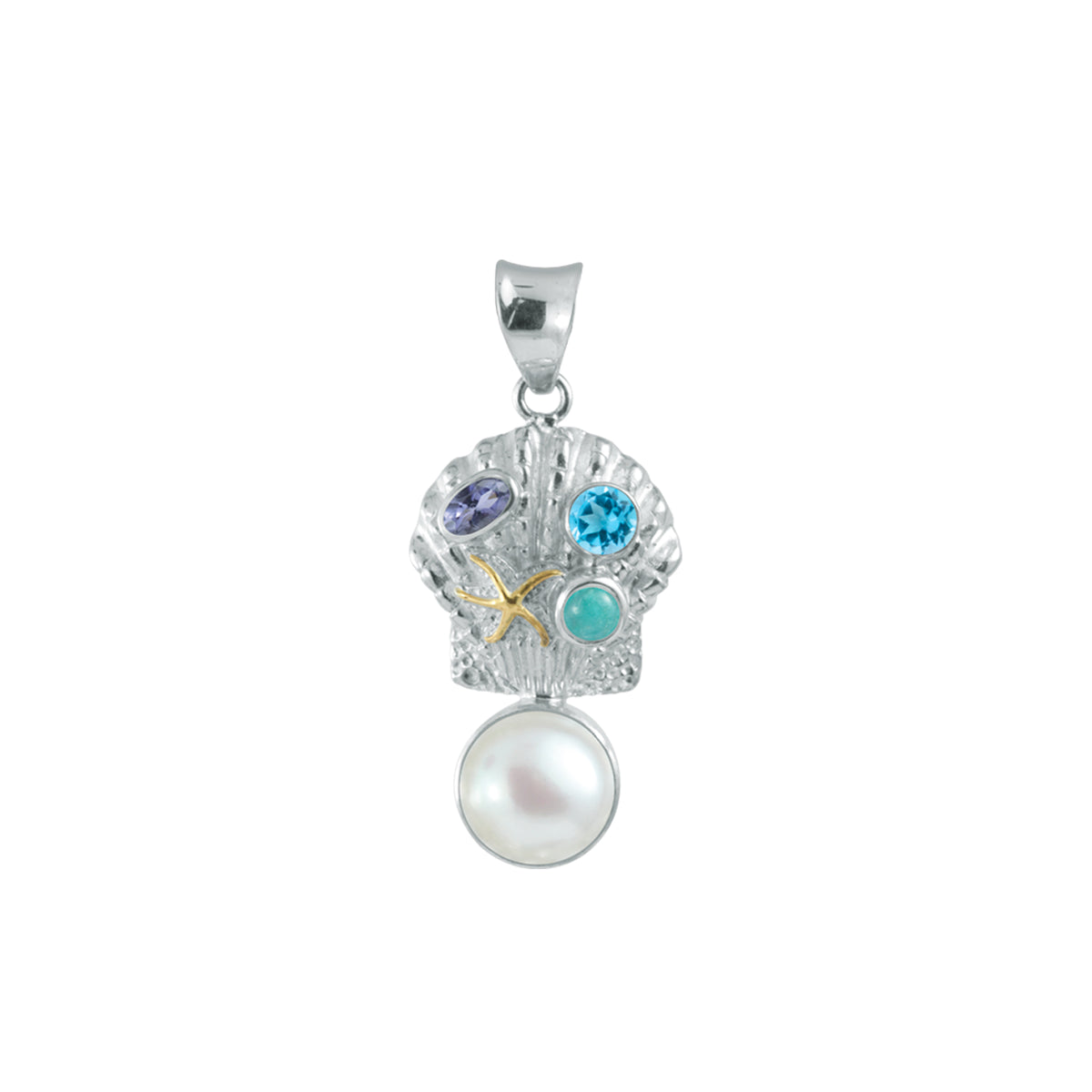 Sterling Silver Pendant With Selenite, Pearl, Turqouise, Blue Topaz Oval Facet