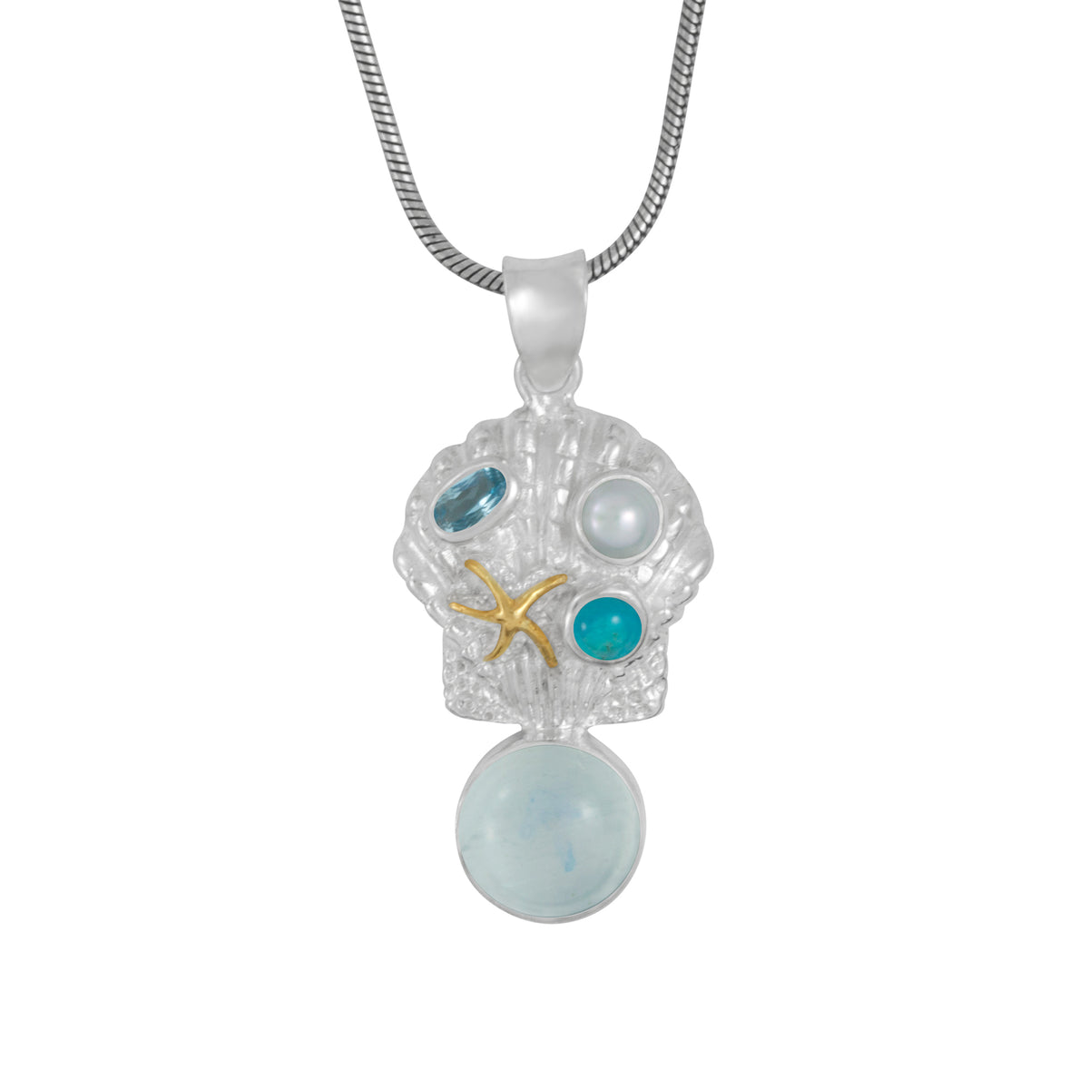 Sterling Silver Pendant With Selenite, Pearl, Turqouise, Blue Topaz Oval Facet