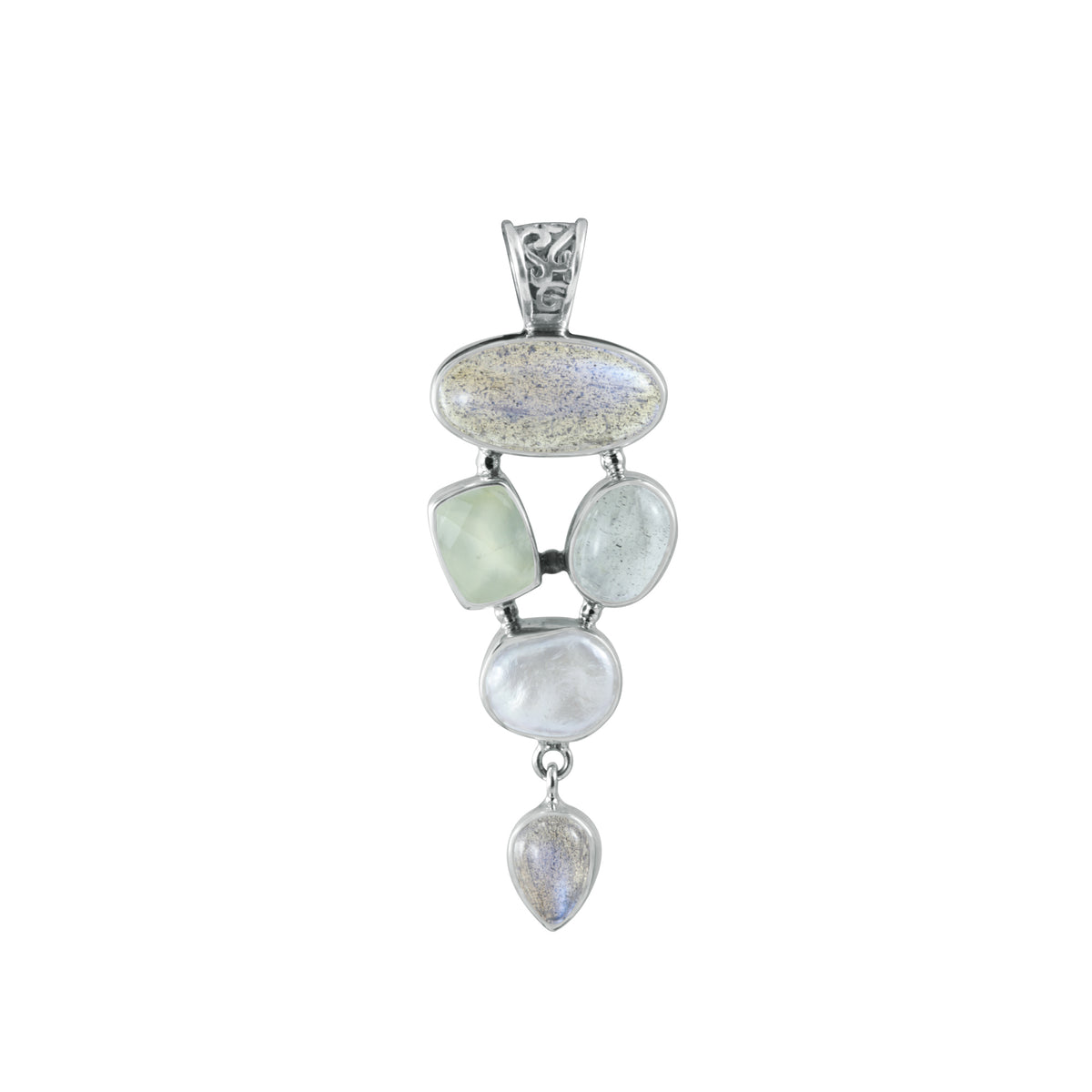 Sterling Silver Pendant With Multi Shape Stone,, Praynite, Labradorite, Pearl Keishi